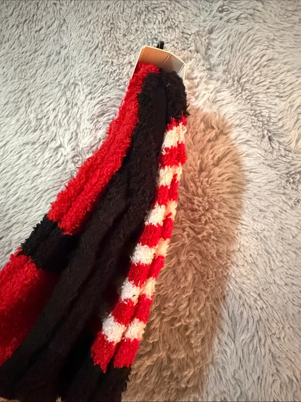 Betsey Johnson Red Fuzzy Kids Lounge Socks with Black Belt and Yellow Buckle